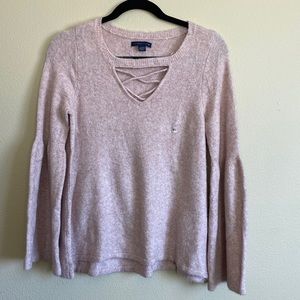 American Eagle Pink Bell Sleeve Lace Up Sweater XL NWOT